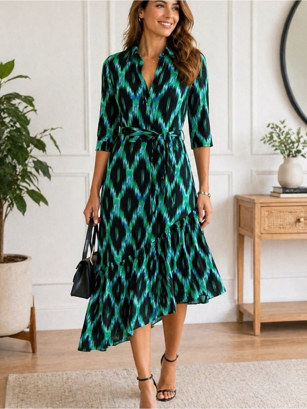 Scoop Green and Black Asymmetrical Shirt Dress with Waist Tie: Size S